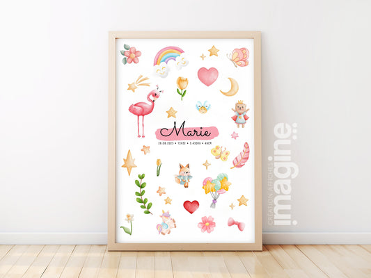 Affiche personnalisée prénom bébé – Poster princesse & animaux mignons – Décoration chambre enfant – Cadeau naissance, anniversaire, Noël