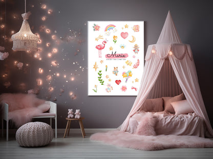 Affiche personnalisée prénom bébé – Poster princesse & animaux mignons – Décoration chambre enfant – Cadeau naissance, anniversaire, Noël