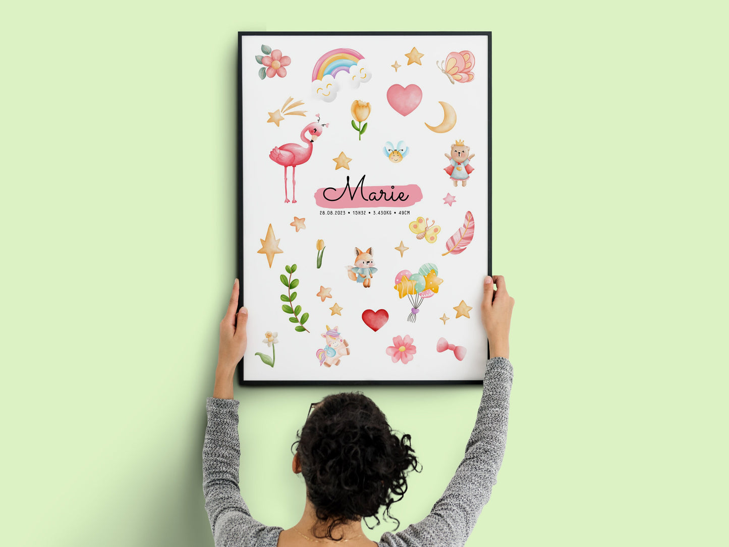 Affiche personnalisée prénom bébé – Poster princesse & animaux mignons – Décoration chambre enfant – Cadeau naissance, anniversaire, Noël