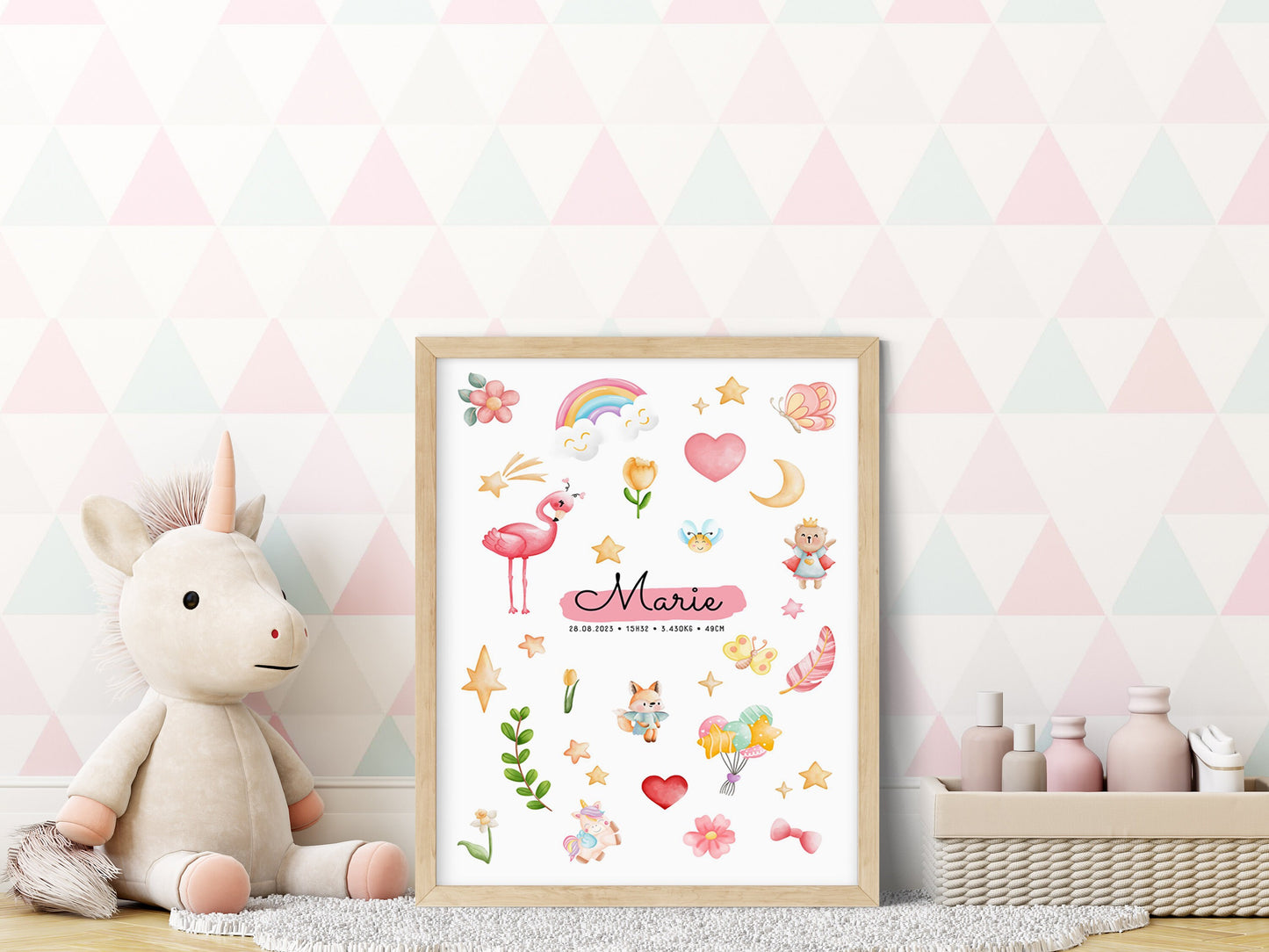 Affiche personnalisée prénom bébé – Poster princesse & animaux mignons – Décoration chambre enfant – Cadeau naissance, anniversaire, Noël