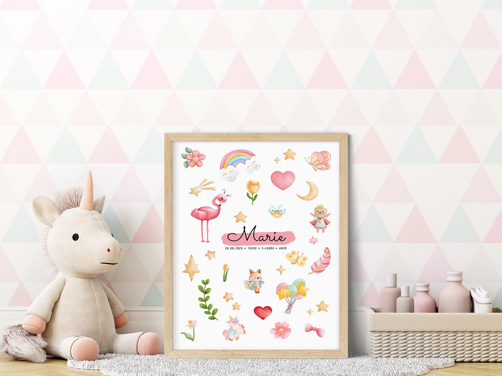 Affiche personnalisée prénom bébé – Poster princesse & animaux mignons – Décoration chambre enfant – Cadeau naissance, anniversaire, Noël