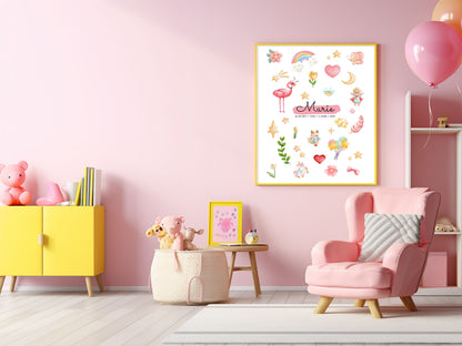 Affiche personnalisée prénom bébé – Poster princesse & animaux mignons – Décoration chambre enfant – Cadeau naissance, anniversaire, Noël