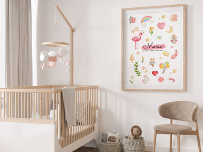 Affiche personnalisée prénom bébé – Poster princesse & animaux mignons – Décoration chambre enfant – Cadeau naissance, anniversaire, Noël