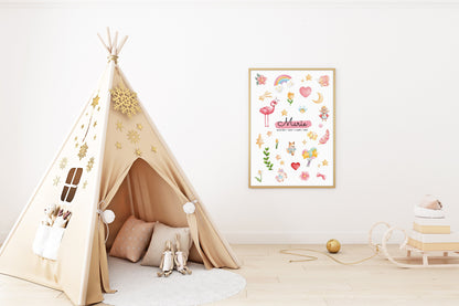 Affiche personnalisée prénom bébé – Poster princesse & animaux mignons – Décoration chambre enfant – Cadeau naissance, anniversaire, Noël