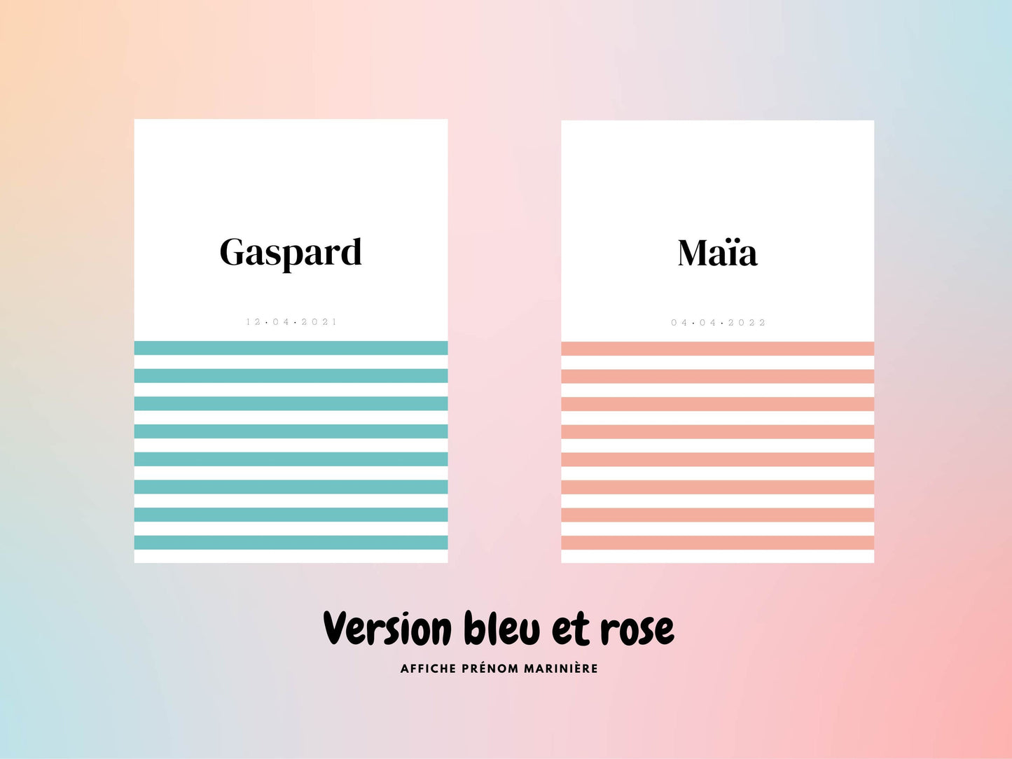 Affiche prénom Marinière rose ou bleu à personnaliser pour anniversaire, naissance, fête enfant