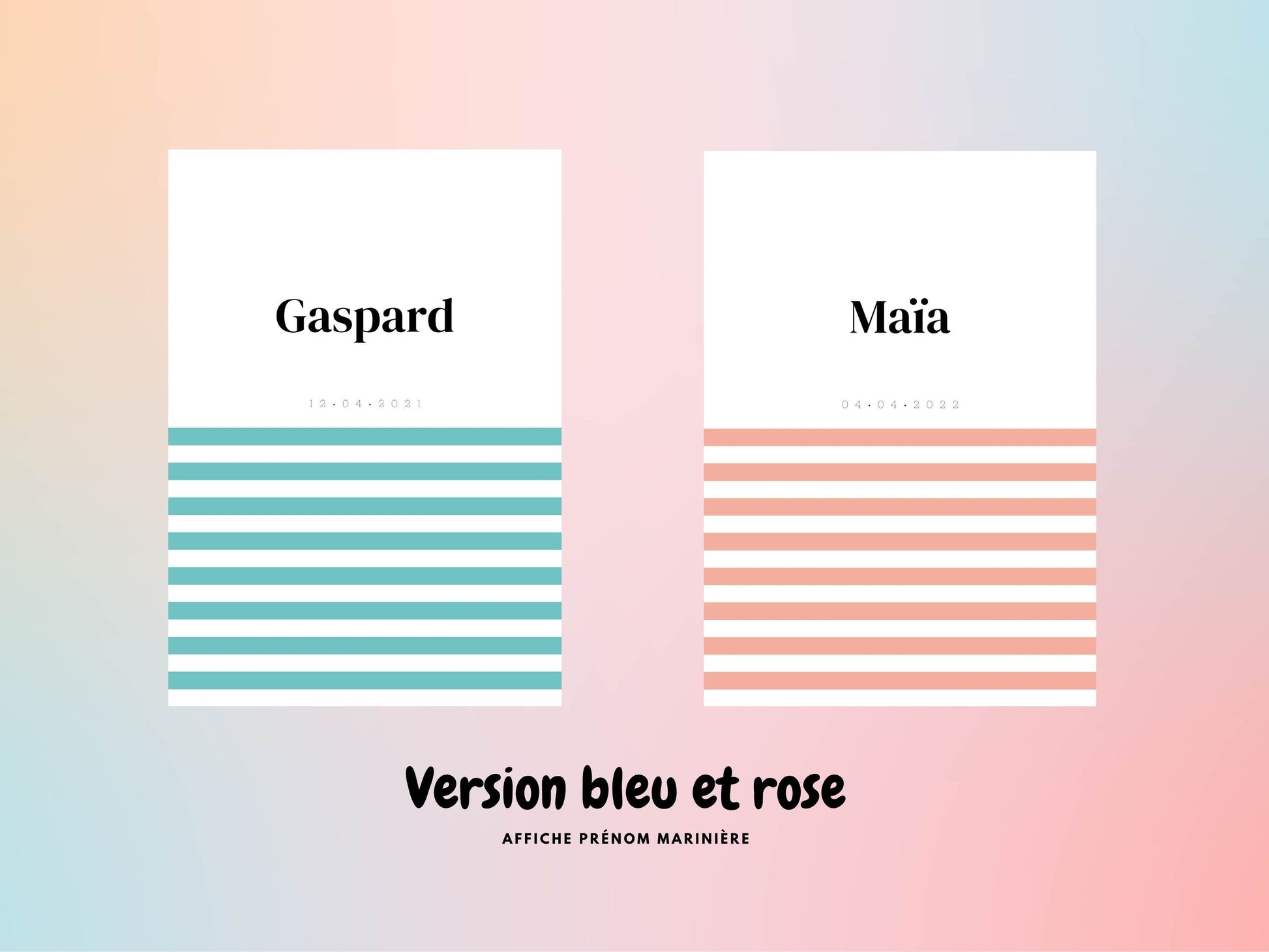 Affiche prénom Marinière rose ou bleu à personnaliser pour anniversaire, naissance, fête enfant