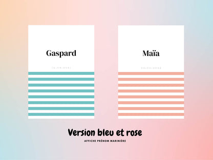 Affiche prénom Marinière rose ou bleu à personnaliser pour anniversaire, naissance, fête enfant