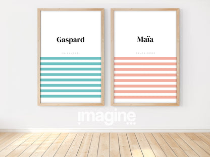 Affiche prénom Marinière rose ou bleu à personnaliser pour anniversaire, naissance, fête enfant