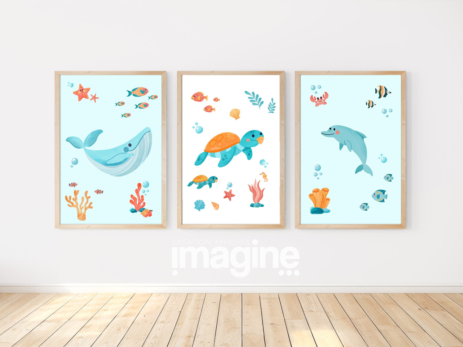 Set de 3 affiches océan pour enfants – Baleine, Dauphin & Tortue – Posters muraux chambre bébé enfant – Cadeau naissance, anniversaire
