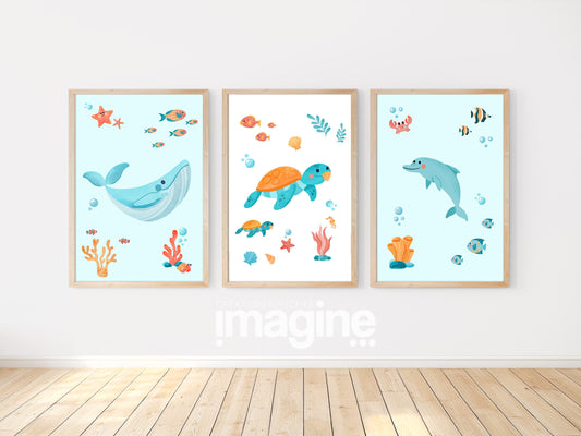 Set de 3 affiches océan pour enfants – Baleine, Dauphin & Tortue – Posters muraux chambre bébé enfant – Cadeau naissance, anniversaire