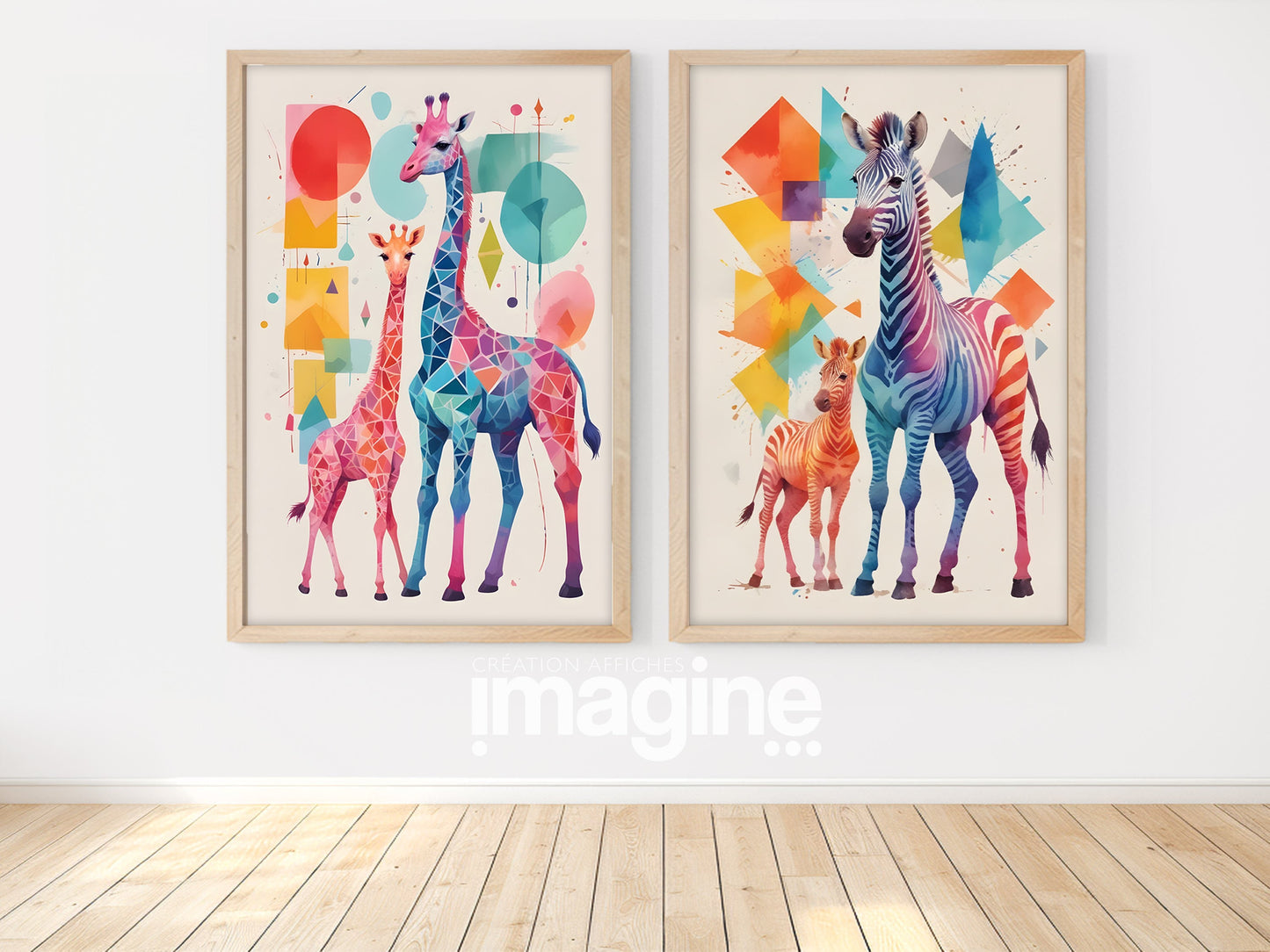 Affiches Géométrique Animaux de la Savane pour Chambre d'Enfant avec maman et bébé girafe et zèbre