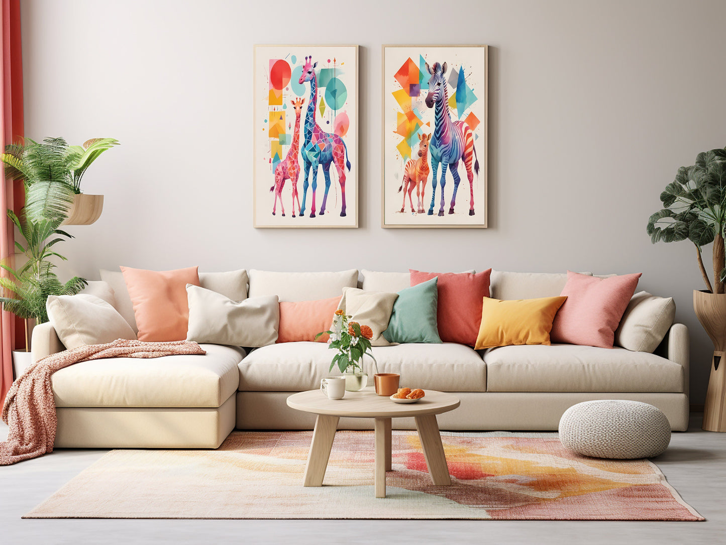 Affiches Géométrique Animaux de la Savane pour Chambre d'Enfant avec maman et bébé girafe et zèbre
