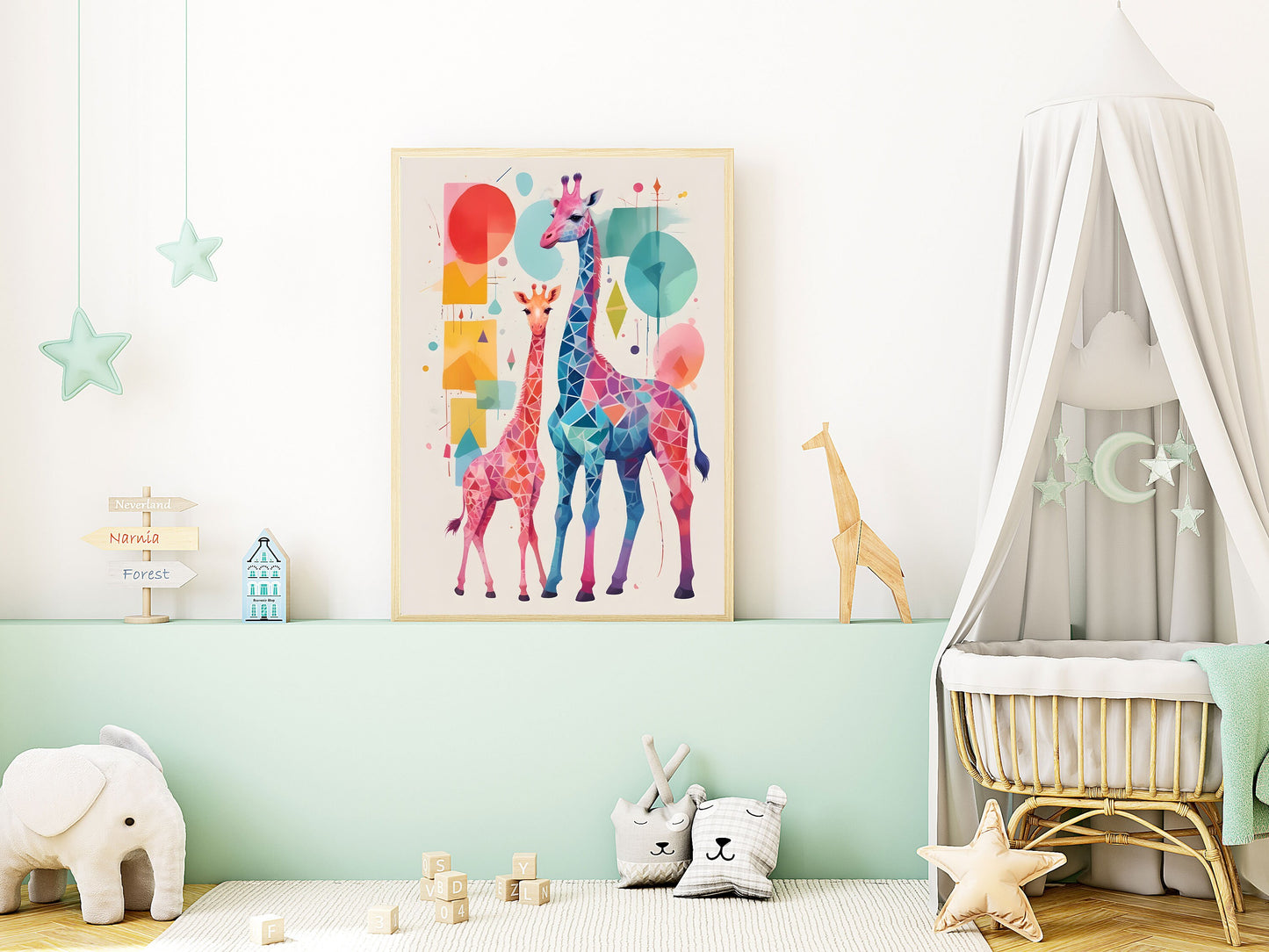 Affiches Géométrique Animaux de la Savane pour Chambre d'Enfant avec maman et bébé girafe et zèbre