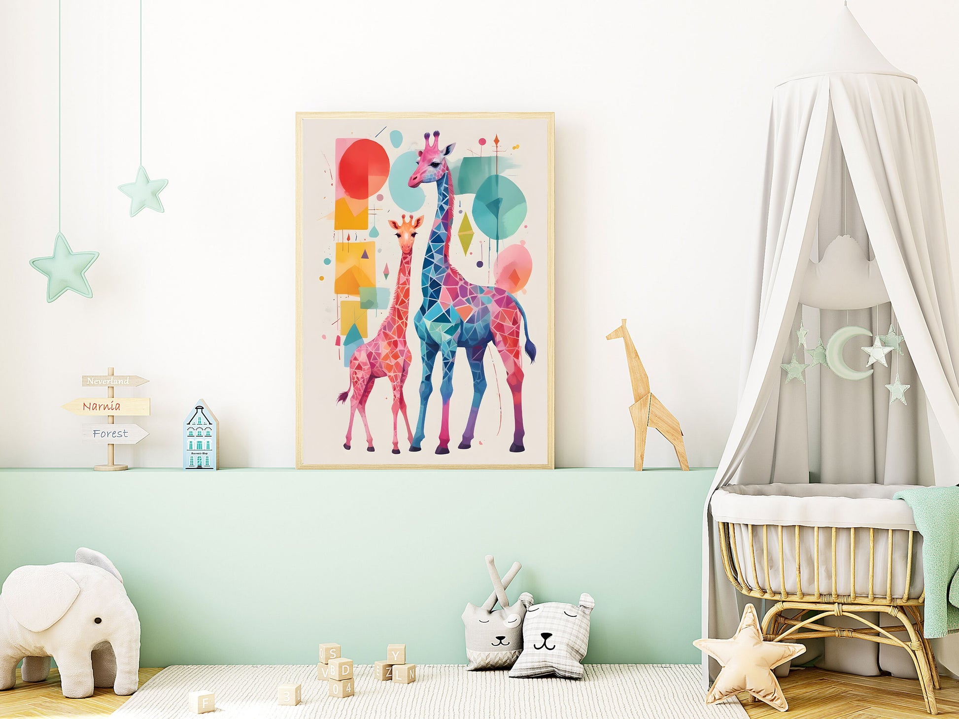 Affiches Géométrique Animaux de la Savane pour Chambre d'Enfant avec maman et bébé girafe et zèbre