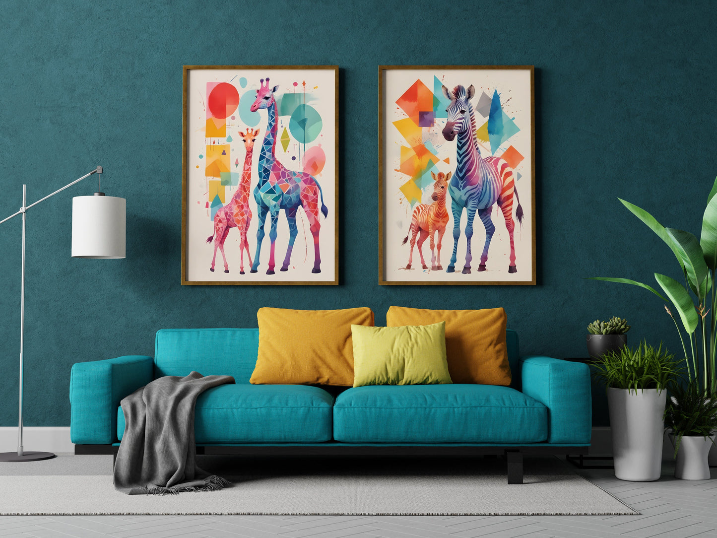 Affiches Géométrique Animaux de la Savane pour Chambre d'Enfant avec maman et bébé girafe et zèbre