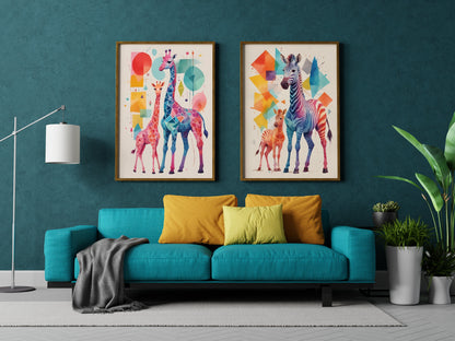 Affiches Géométrique Animaux de la Savane pour Chambre d'Enfant avec maman et bébé girafe et zèbre