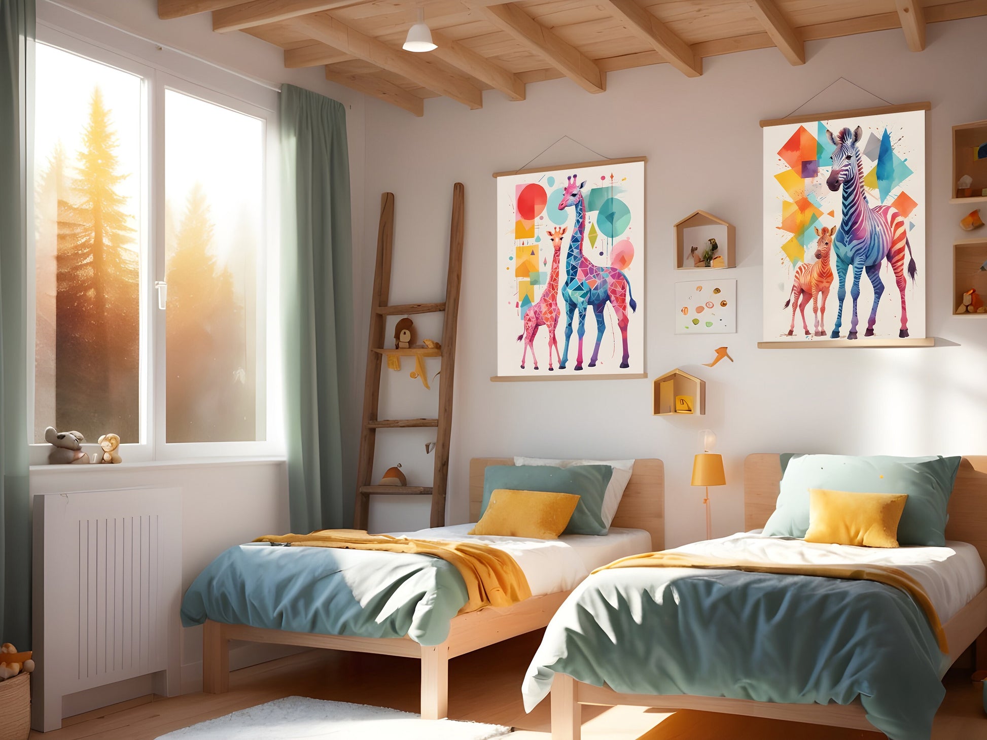 Affiches Géométrique Animaux de la Savane pour Chambre d'Enfant avec maman et bébé girafe et zèbre