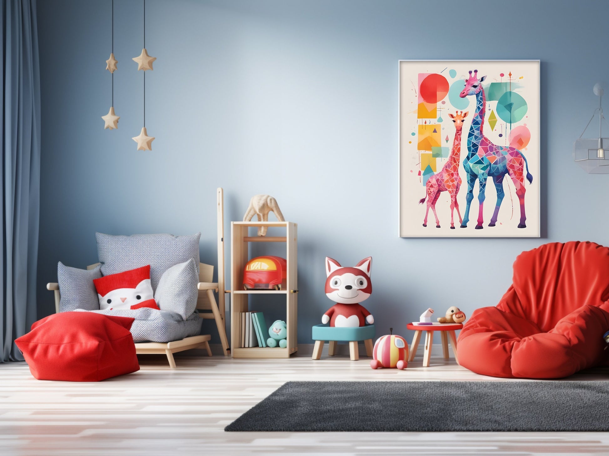 Affiches Géométrique Animaux de la Savane pour Chambre d'Enfant avec maman et bébé girafe et zèbre