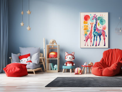 Affiches Géométrique Animaux de la Savane pour Chambre d'Enfant avec maman et bébé girafe et zèbre