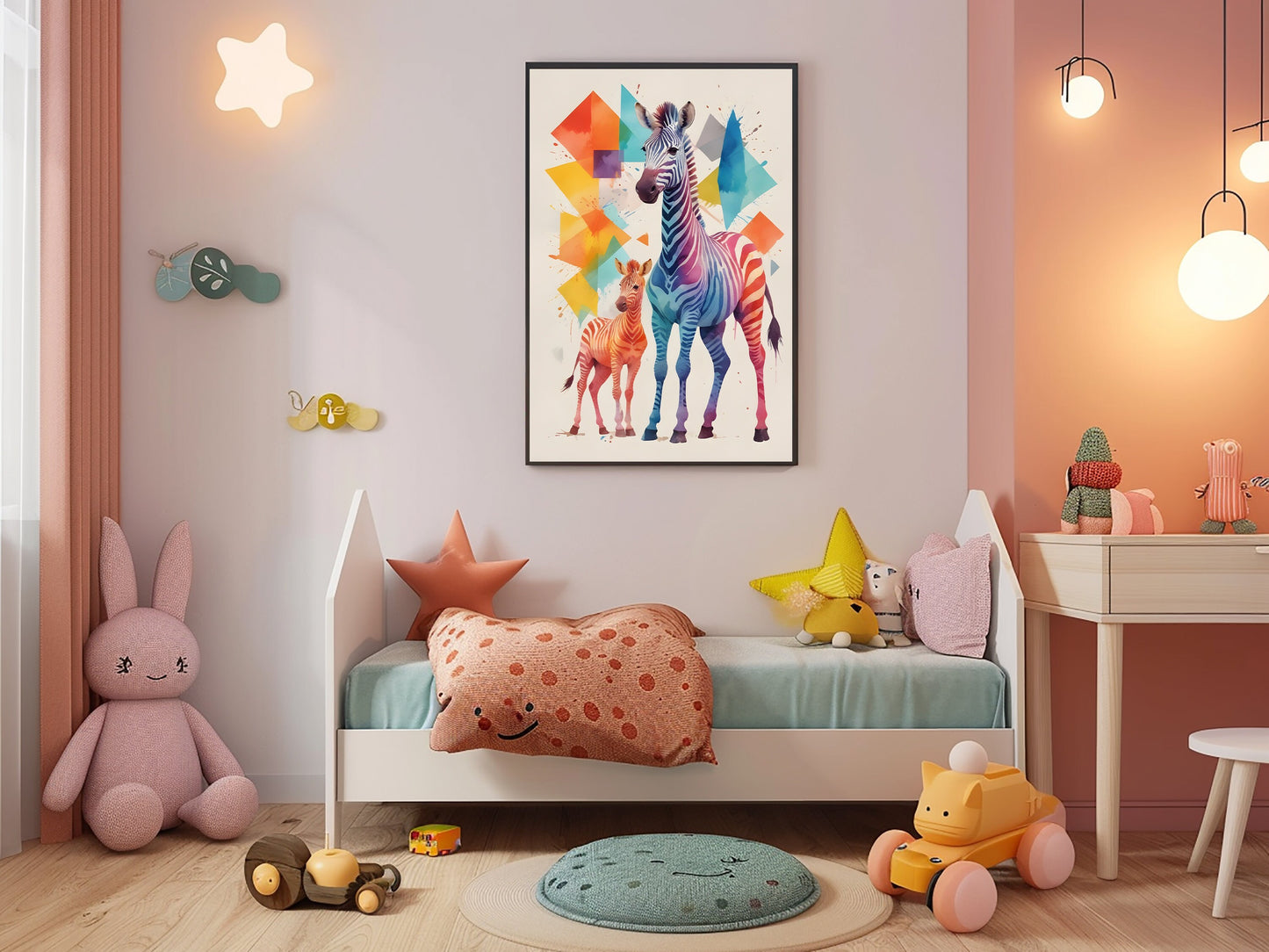 Affiches Géométrique Animaux de la Savane pour Chambre d'Enfant avec maman et bébé girafe et zèbre