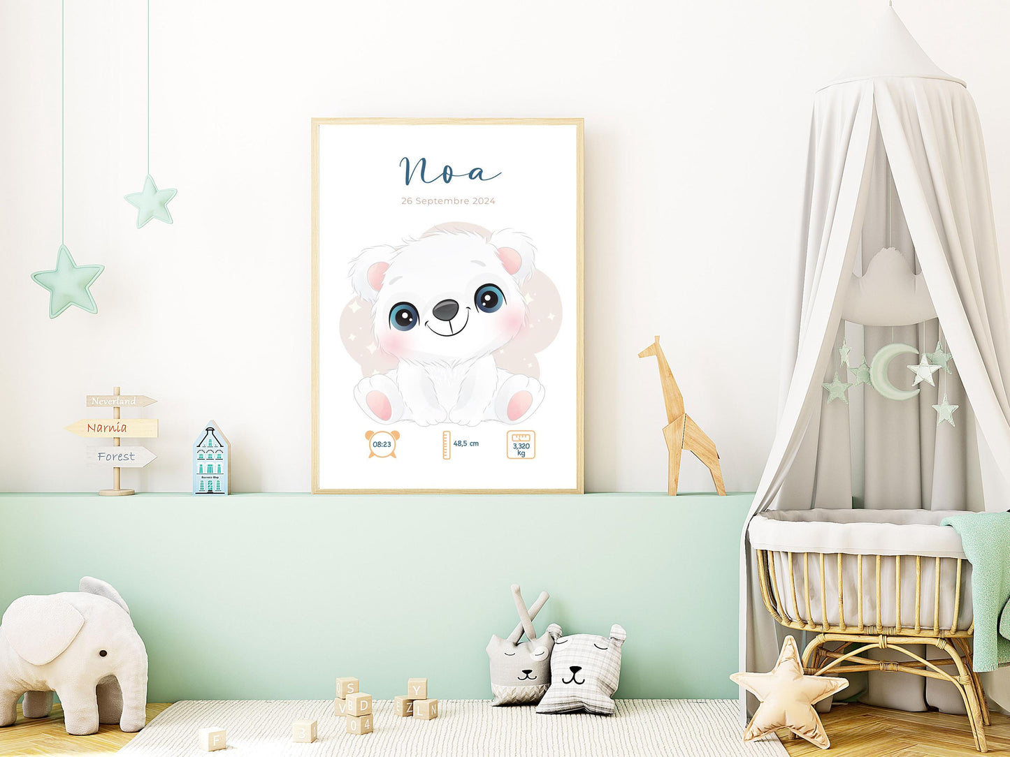 Affiche Naissance Personnalisée 'Ours polaire' - Souvenir chambre Bébé