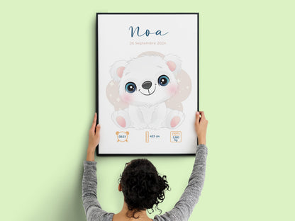 Affiche Naissance Personnalisée 'Ours polaire' - Souvenir chambre Bébé