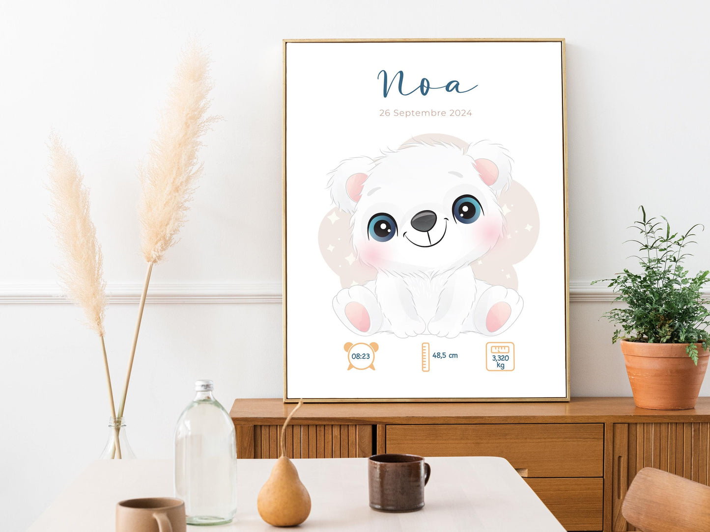 Affiche Naissance Personnalisée 'Ours polaire' - Souvenir chambre Bébé