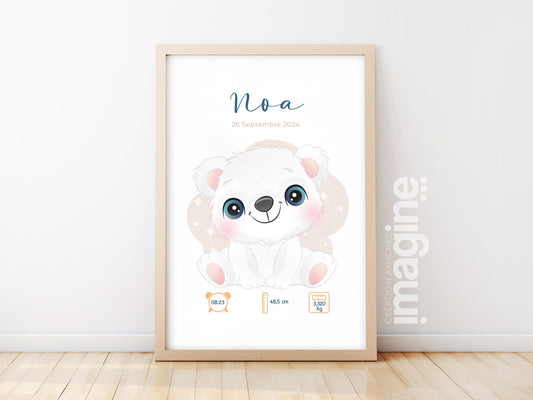 Affiche Naissance Personnalisée 'Ours polaire' - Souvenir chambre Bébé