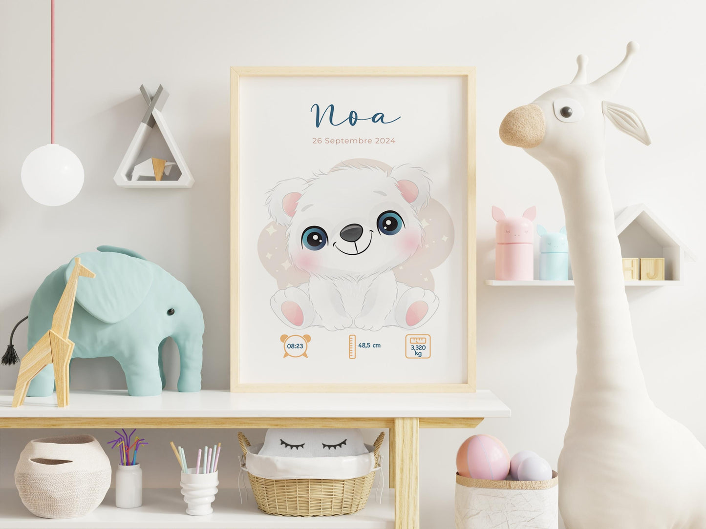 Affiche Naissance Personnalisée 'Ours polaire' - Souvenir chambre Bébé