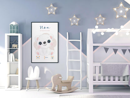 Affiche Naissance Personnalisée 'Ours polaire' - Souvenir chambre Bébé