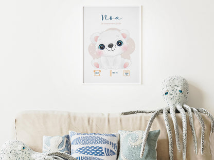 Affiche Naissance Personnalisée 'Ours polaire' - Souvenir chambre Bébé