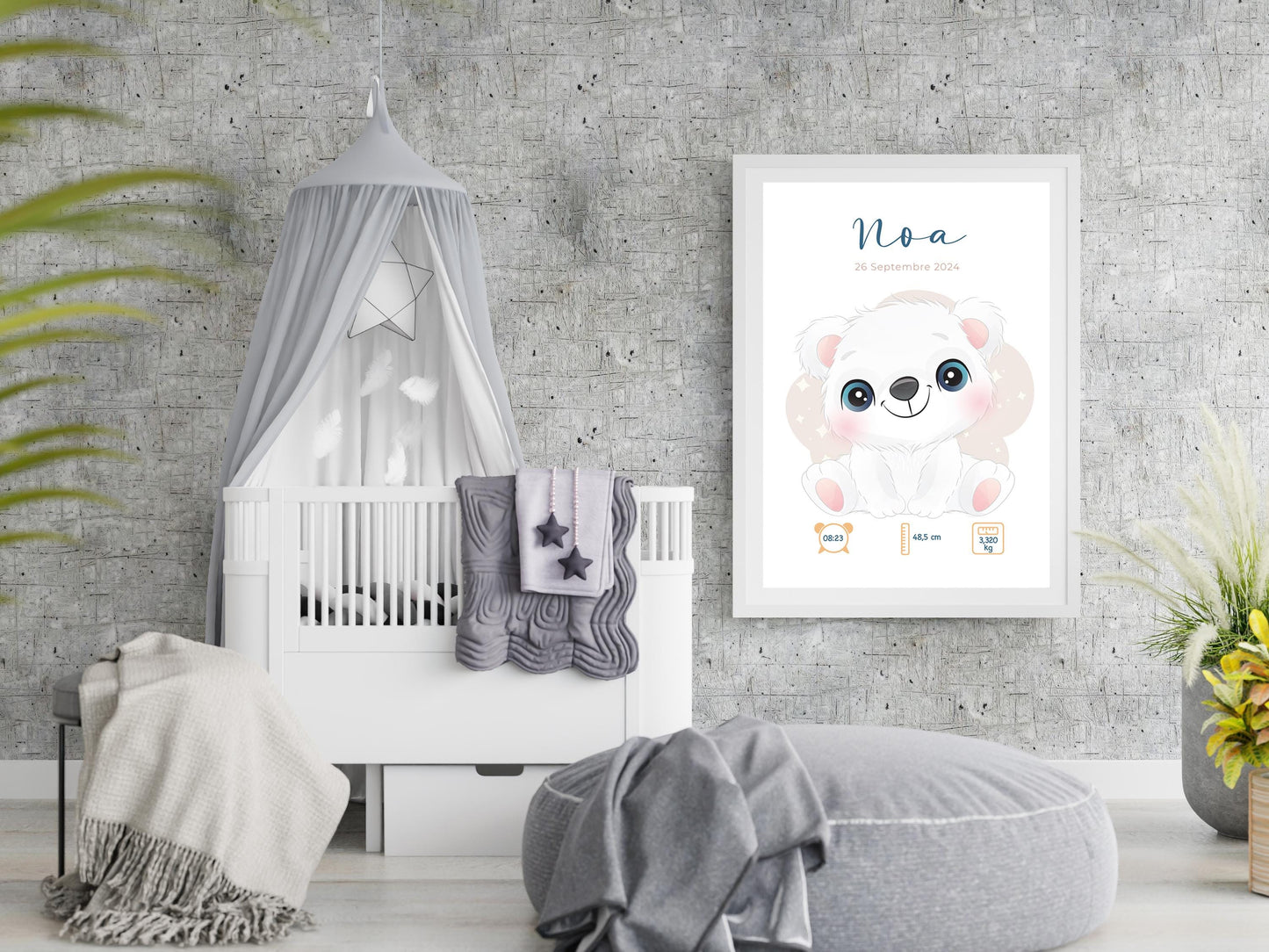 Affiche Naissance Personnalisée 'Ours polaire' - Souvenir chambre Bébé