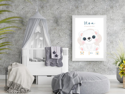 Affiche Naissance Personnalisée 'Ours polaire' - Souvenir chambre Bébé