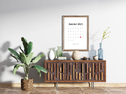 Affiche "Calendrier du mois de l'amour" - Joli calendrier de date de rencontre couple pour cadeau Saint-Valentin ou anniversaire