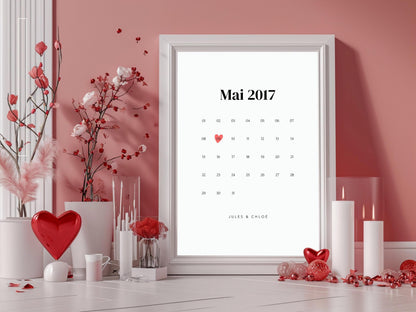 Affiche "Calendrier du mois de l'amour" - Joli calendrier de date de rencontre couple pour cadeau Saint-Valentin ou anniversaire
