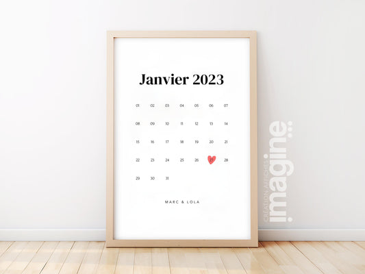 Affiche "Calendrier du mois de l'amour" - Joli calendrier de date de rencontre couple pour cadeau Saint-Valentin ou anniversaire