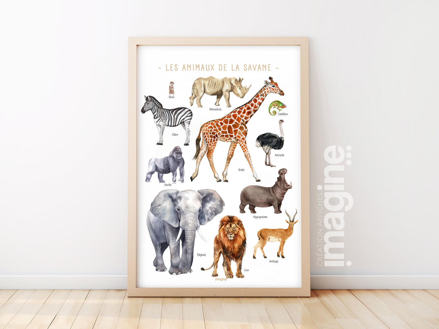 Savannah Animals Poster – Zebra, Ostrich, Lion, Gorilla – Educational Animal Poster – Children’s & Teenagers’ Decoration