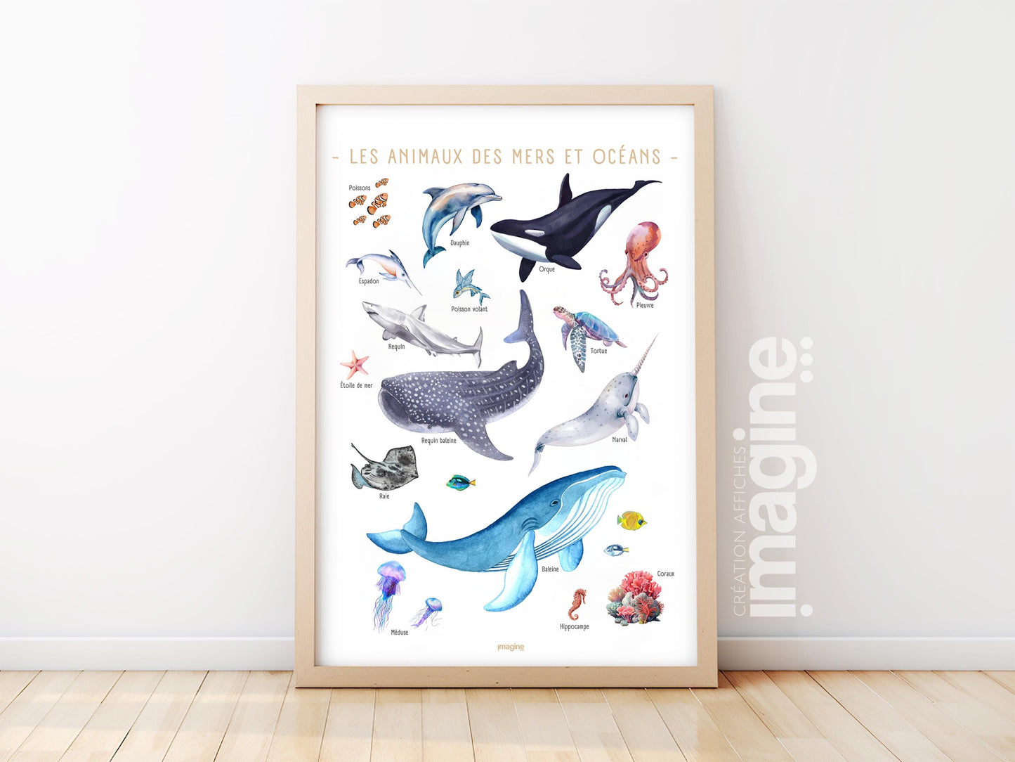 Educational Poster Marine Animals & Ocean Creatures - Kids Wall Art - Watercolor Illustration