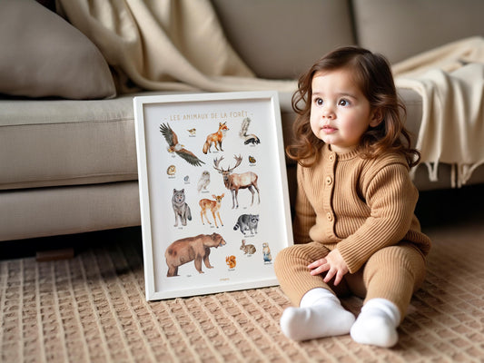 Forest Animals Poster – Soft Educational Illustration – Kids & Teen Wall Art – French Design