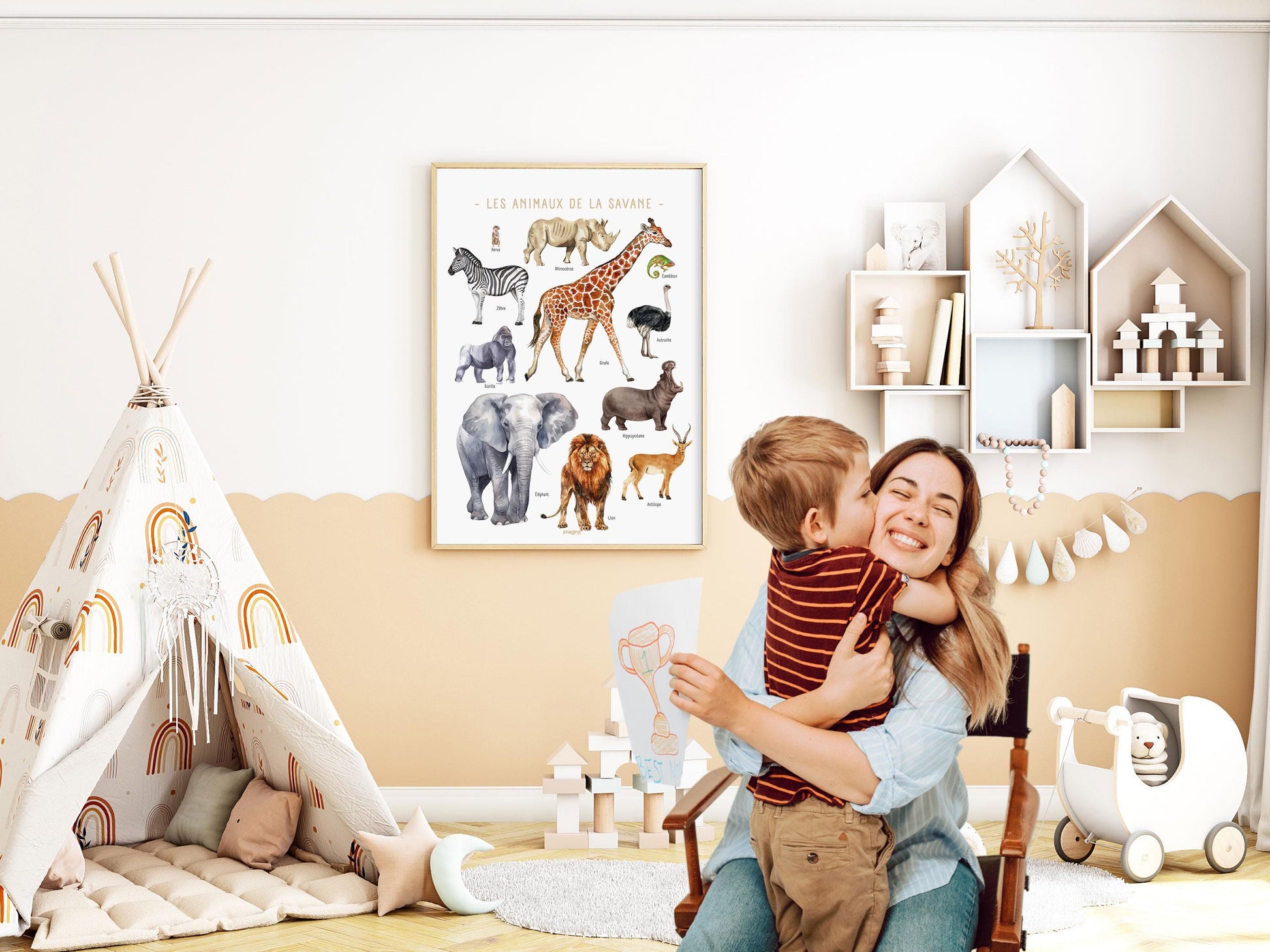 Savannah Animals Poster – Zebra, Ostrich, Lion, Gorilla – Educational Animal Poster – Children’s & Teenagers’ Decoration