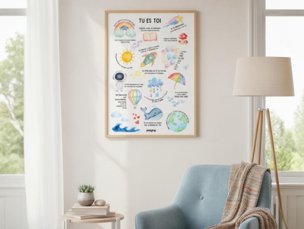 Affiche positive enfant “Tu es toi” | Poster motivationnel chambre bébé | Décoration murale éducative arc-en-ciel, baleine, fusée, nuages