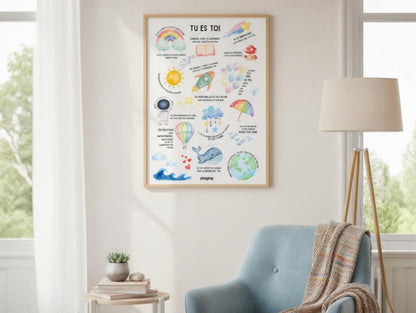 Affiche positive enfant “Tu es toi” | Poster motivationnel chambre bébé | Décoration murale éducative arc-en-ciel, baleine, fusée, nuages
