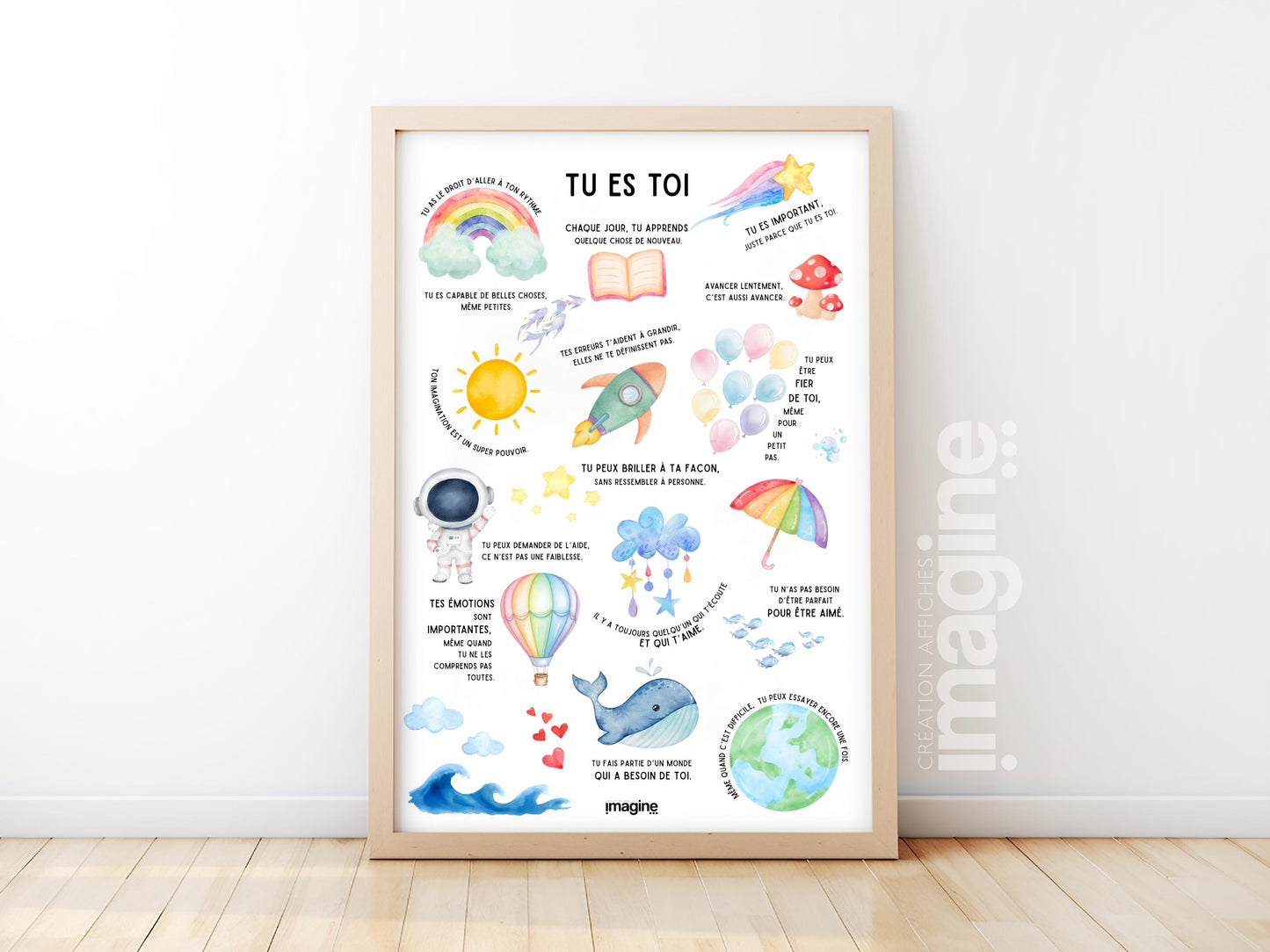 Affiche positive enfant “Tu es toi” | Poster motivationnel chambre bébé | Décoration murale éducative arc-en-ciel, baleine, fusée, nuages