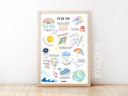 Affiche positive enfant “Tu es toi” | Poster motivationnel chambre bébé | Décoration murale éducative arc-en-ciel, baleine, fusée, nuages