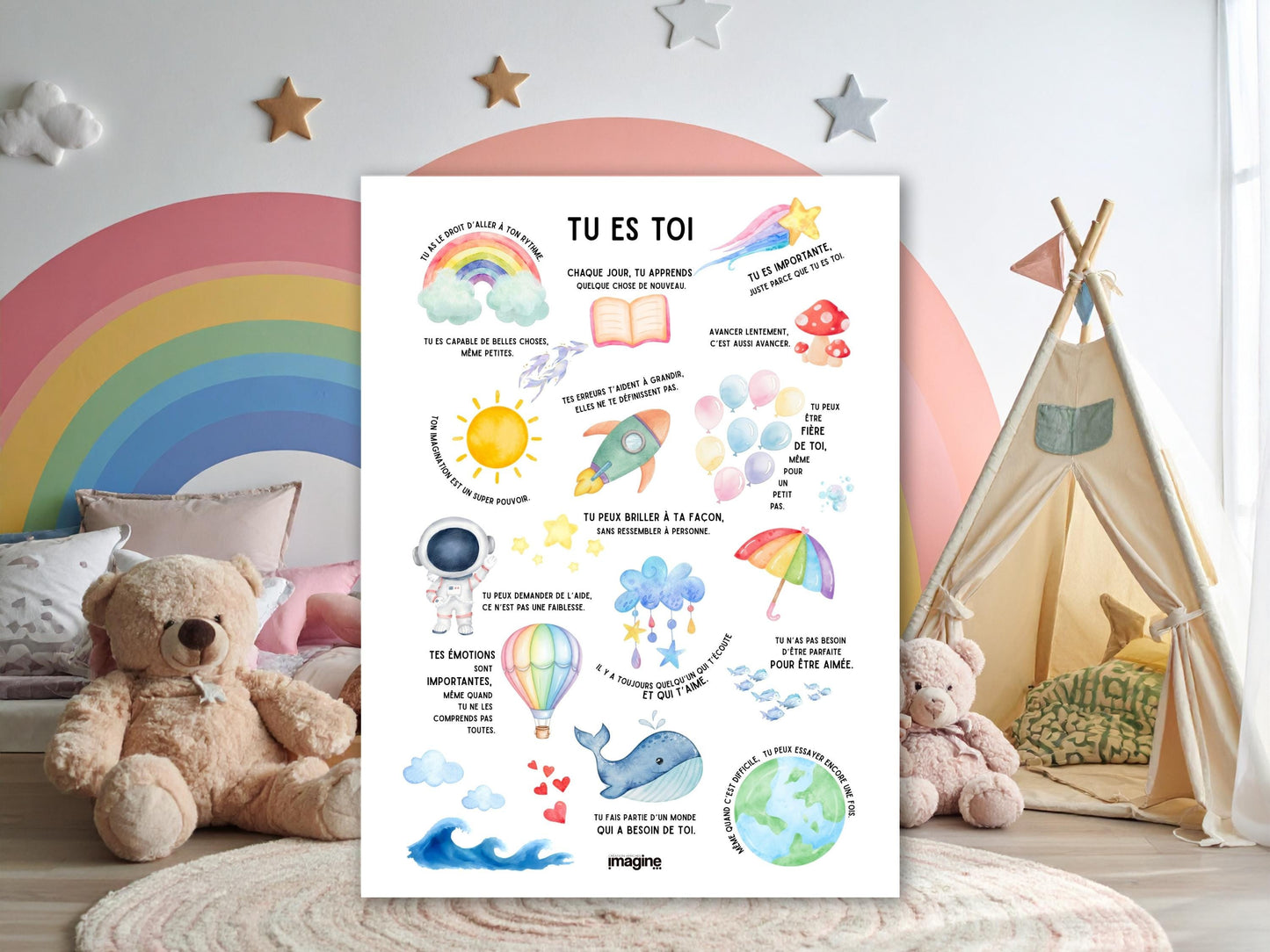 Affiche positive enfant “Tu es toi” | Poster motivationnel chambre bébé | Décoration murale éducative arc-en-ciel, baleine, fusée, nuages