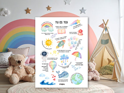 Affiche positive enfant “Tu es toi” | Poster motivationnel chambre bébé | Décoration murale éducative arc-en-ciel, baleine, fusée, nuages