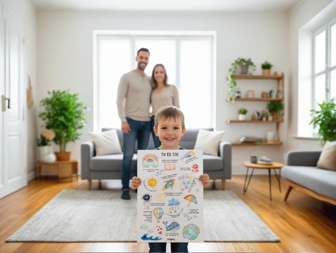 Affiche positive enfant “Tu es toi” | Poster motivationnel chambre bébé | Décoration murale éducative arc-en-ciel, baleine, fusée, nuages