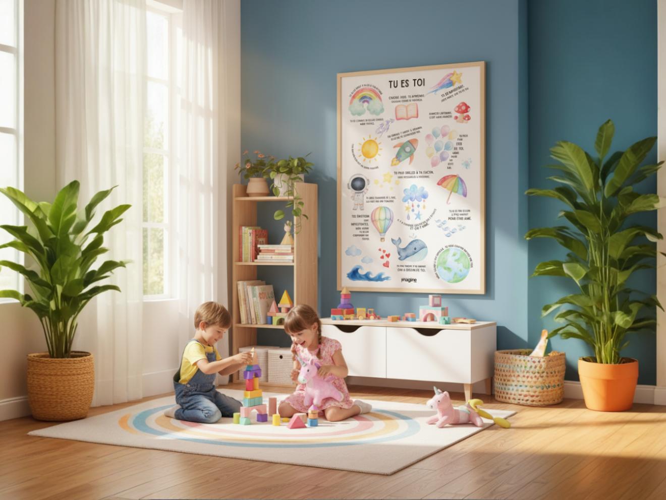 Affiche positive enfant “Tu es toi” | Poster motivationnel chambre bébé | Décoration murale éducative arc-en-ciel, baleine, fusée, nuages