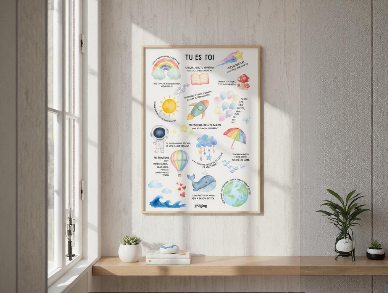 Affiche positive enfant “Tu es toi” | Poster motivationnel chambre bébé | Décoration murale éducative arc-en-ciel, baleine, fusée, nuages