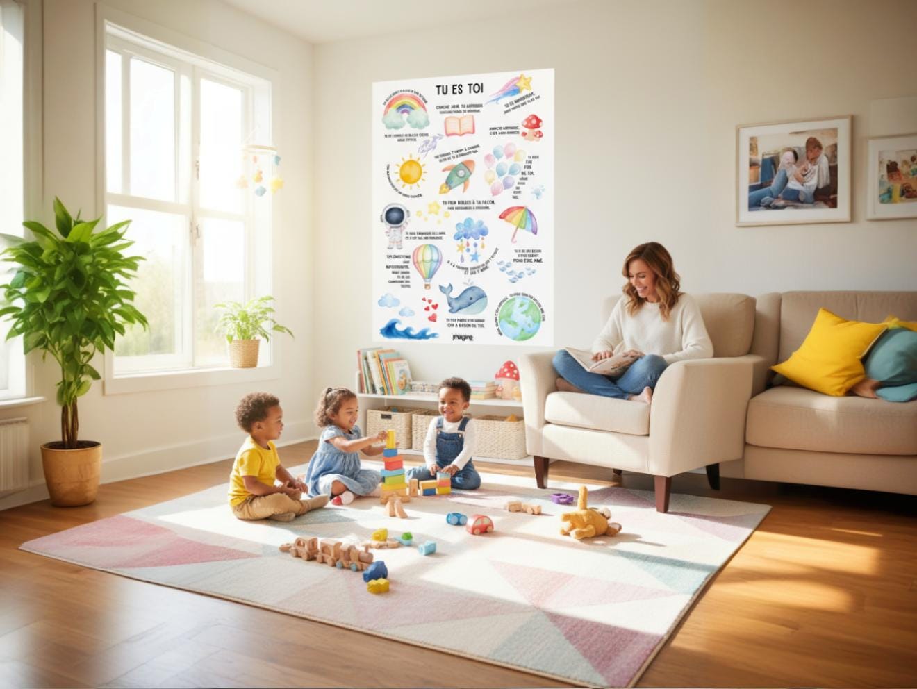 Affiche positive enfant “Tu es toi” | Poster motivationnel chambre bébé | Décoration murale éducative arc-en-ciel, baleine, fusée, nuages